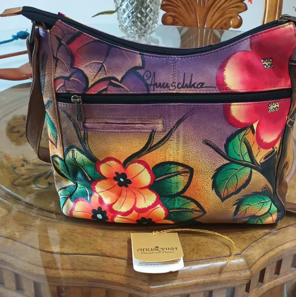 Anuschka Leather Bird And Tiger Cat In Floral Handbag - Picture 2 of 8